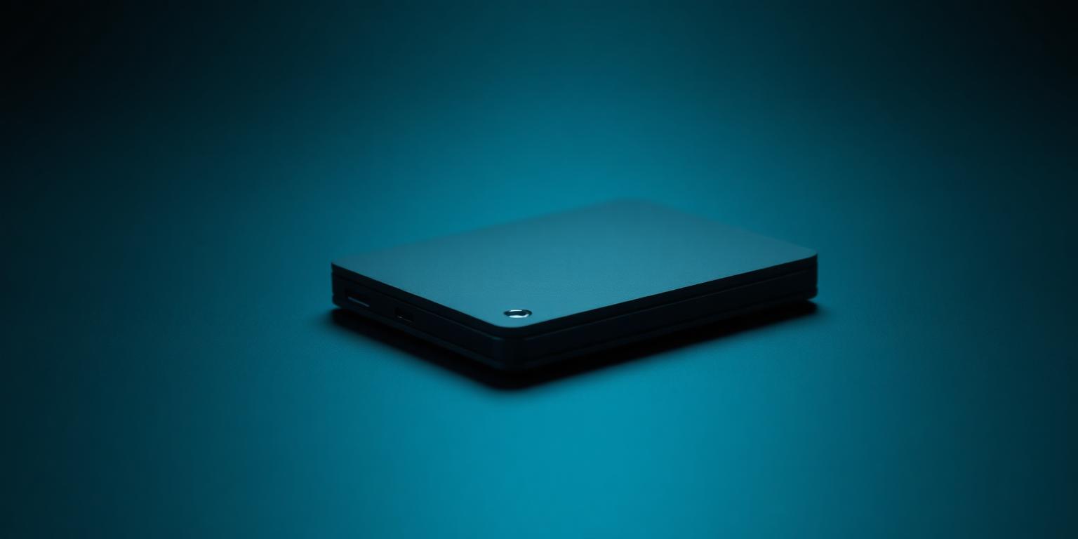 Sleek black hardware crypto wallet on a dark surface with cyan rim lighting