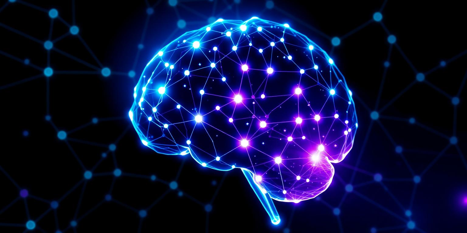 Glowing neural network brain made of connected blue and purple nodes